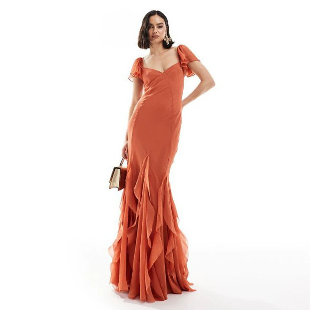 ZARA Spring Summer Sexy V Neck Slim Fit Rust Ruffle Flowing Long Cami Dress